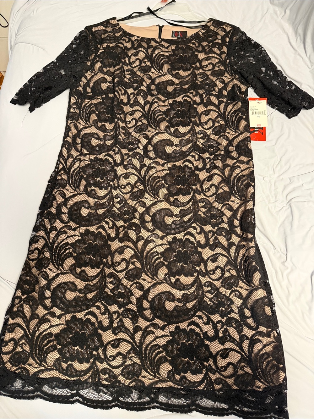 Black Lace Overlay Midi Dress with Nude Lining